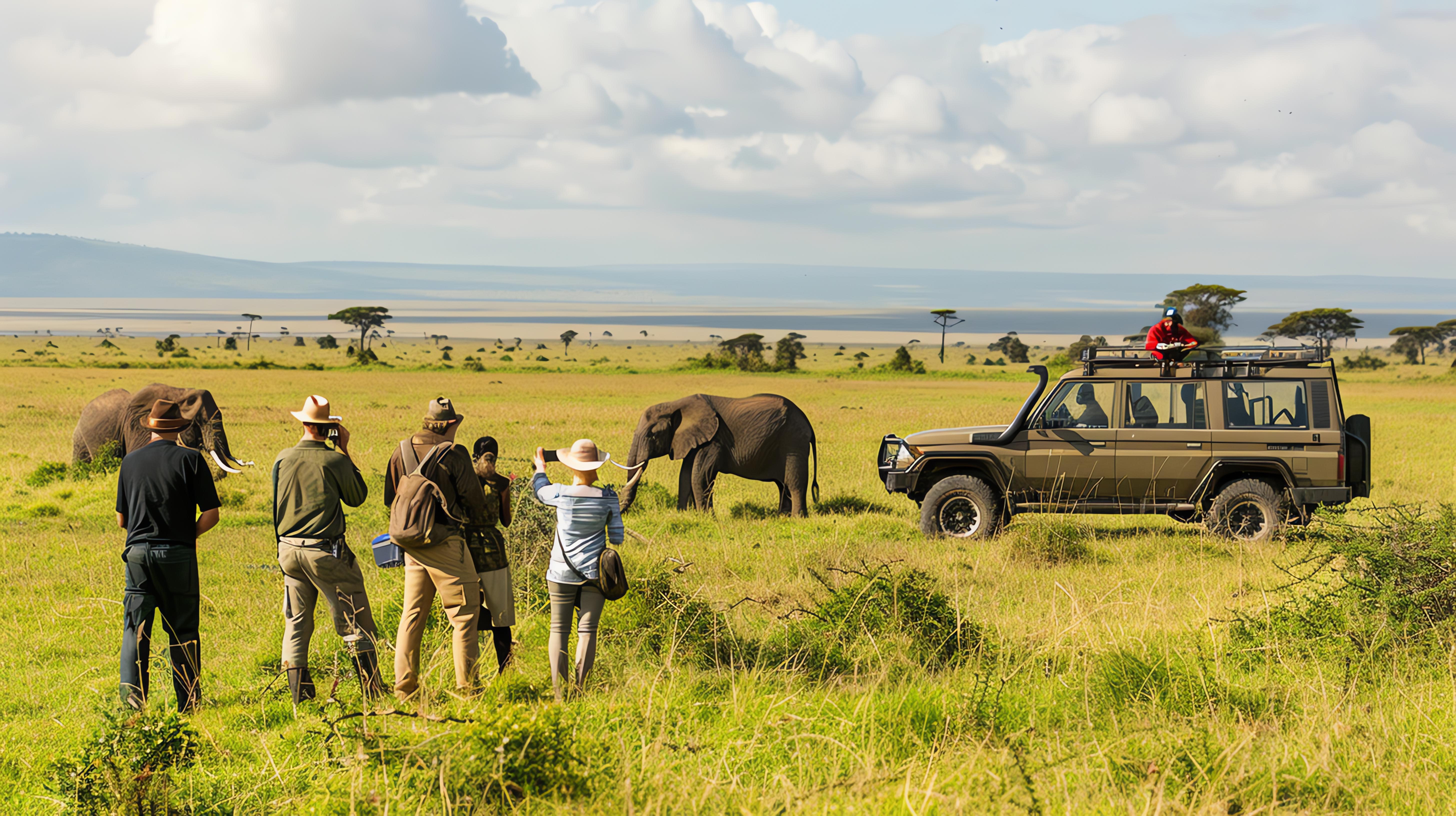 Group safari travellers on a guided wildlife adventure